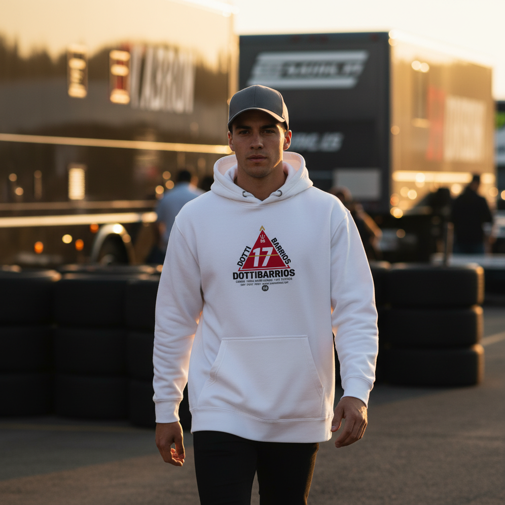 DOTTIBARRIOS Racing Division hoodie with the signature 17 emblem, worn by a racing pilot walking through the paddock at golden hour