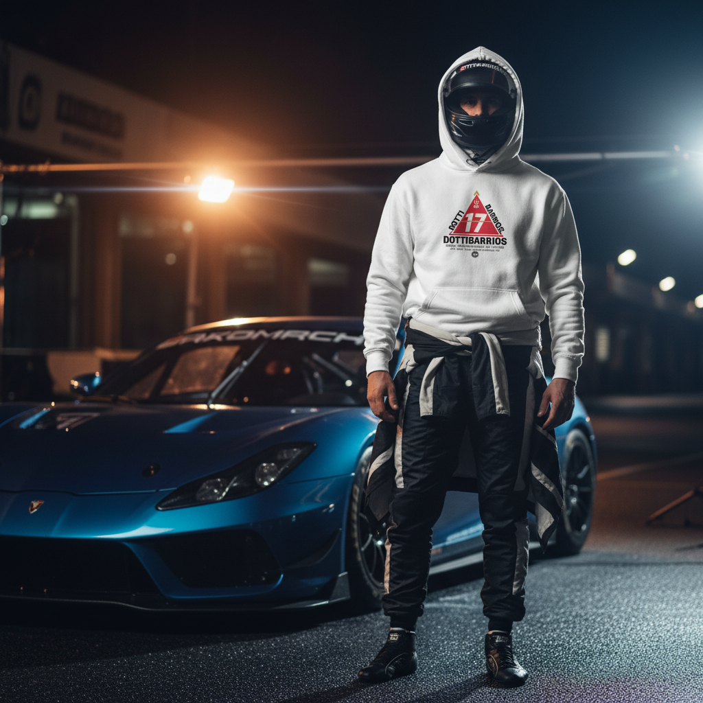 DOTTIBARRIOS Racing Division hoodie with the 17 emblem, worn by a helmeted racing driver on a night pit lane beside a race car