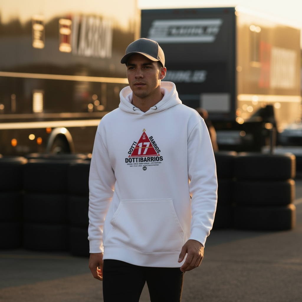 DOTTIBARRIOS Racing Division hoodie with the signature 17 emblem, worn by a racing pilot in the paddock at golden hour, close three-quarter shot